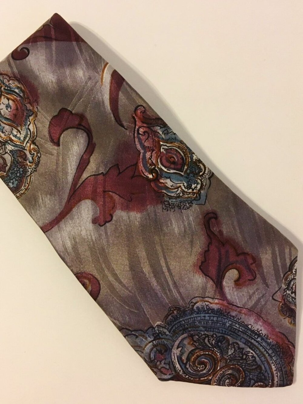 Domani Neck Tie 100% Italian Silk Abstract Scroll Men's Plum Teal Gray 57" Long
